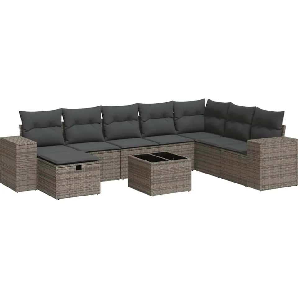 vidaXL 9-delige Loungeset met kussens poly rattan grijs, foto 3