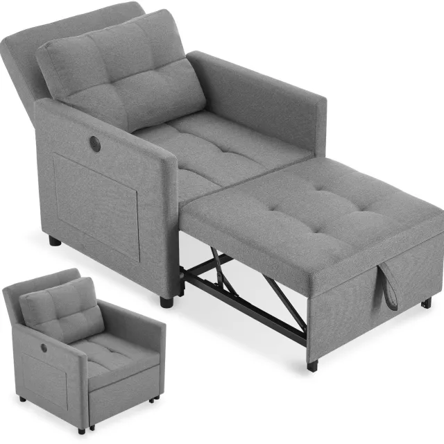 Tectake Slaapstoel 3-in-1 - Fauteuil, Ligstoel en Logeerbed in Eén - 6-Voudig Verstelbare Rugleuning - Relaxstoel met USB-A/USB-C Opladers - Zijvakken en Rugkussen - Draagvermogen 150 kg - Lichtgrijs