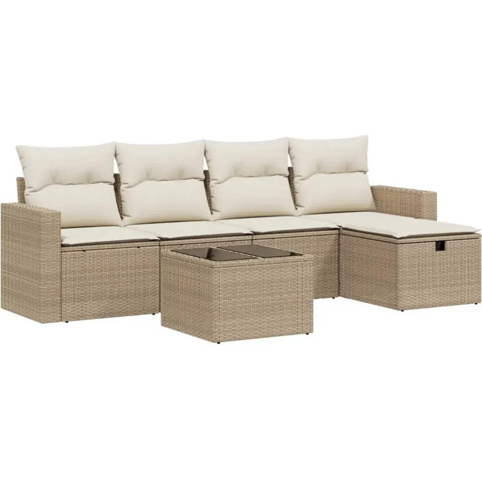 vidaXL 6-delige Loungeset met kussens poly rattan beige