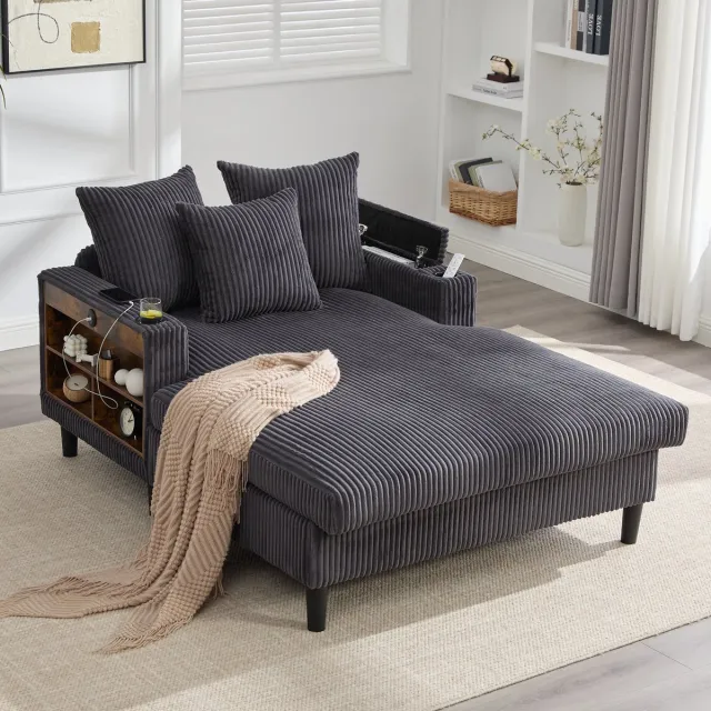 MODFU Chaise Longue - Met Opbergruimte, Usb-Aansluiting En Led-Verlichting - Modern - Voor Woonkamer - Ribfluweel - Donkergrijs - 129 X 170 X 70 Cm Dark Gray