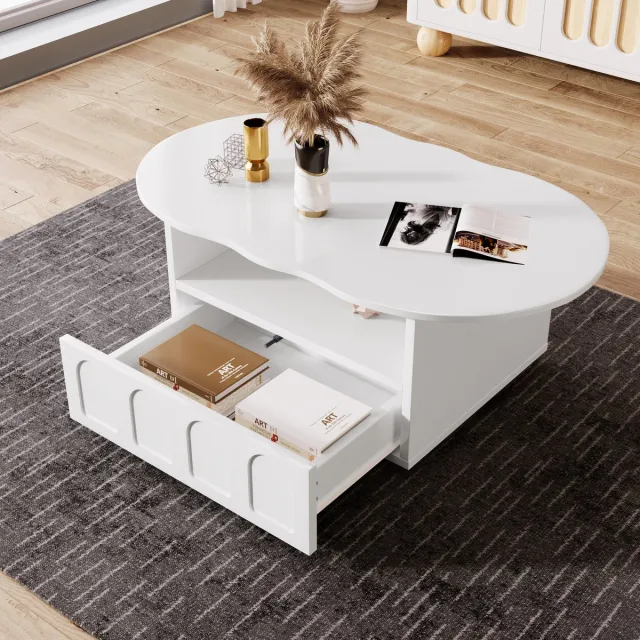 HAUSS SPOLE Salontafel - Wolkenvorm Met Lade En Open Vak - Druk-Open Lade Voor Woonkamer - Spaanplaat - 100x60x40,5 cm - Wit - Met Extra Voetjes