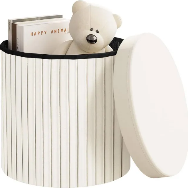 BukkitBow Ronde Compacte Opbergpoef – Poef / Zitkist met Deskel - Opvouwbare Poef - Voetenbank met Opbergruimte - 38x38x36 cm - Crème / Wit