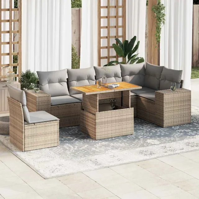 vidaXL 7-delige Loungeset met kussens poly rattan beige, foto 2