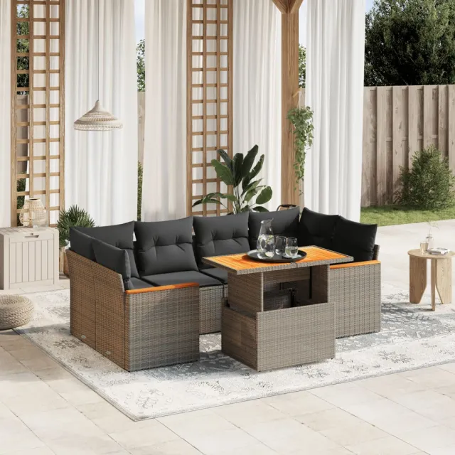 vidaXL 7-delige Loungeset met kussens poly rattan grijs, foto 2