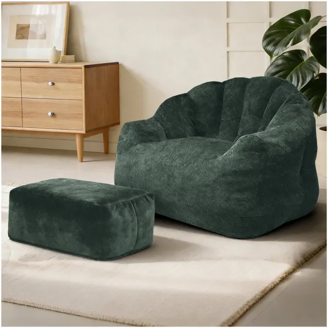 HAUSS SPOLE Fauteuil - Luie Stoel Met Hocker - Bloemvormige Rugleuning En Zachte Ondersteuning - Voor Woonkamer En Slaapkamer - Fluweel Groen
