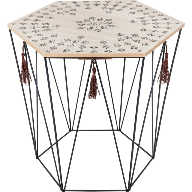 Atmosphera Bijzettafel Kumi Etnik draadmand 8 hoekig met flosjes - zwart - salontafel - D. 43 x H. 40 cm
