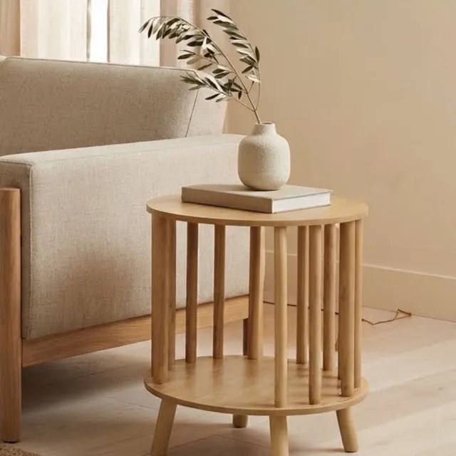 Fume Concept Ronde Design Bijzettafel & Nachtkastje – Ø 40x48 cm – Scandi / Japandi Salontafel en Open Opbergruimte met Spijlen voor Woonkamer en Slaapkamer Natural