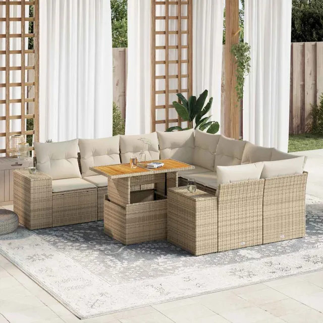 vidaXL 9-delige Loungeset met kussens poly rattan beige, foto 2
