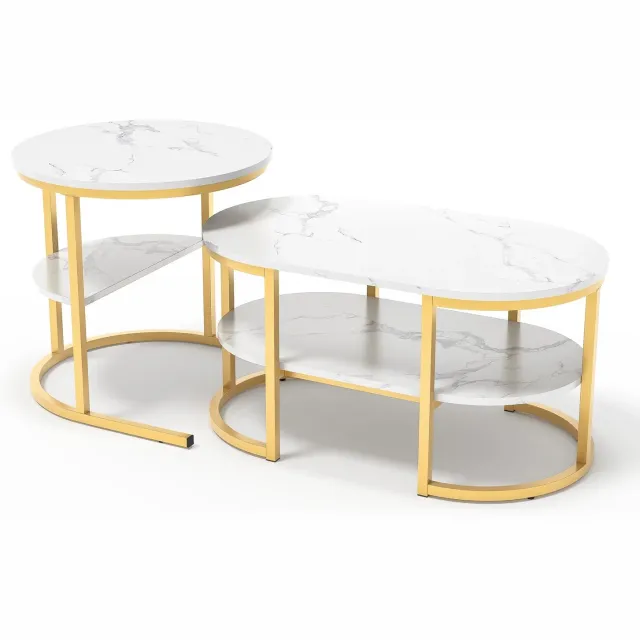 PRIMO HOME Prime Home Salontafels - Eettafels - Banktafels - Woonkamer tafels - Ronde en ovale tafel - 80 x 46 x 41cm en 52 x 51cm - Wit met goud marmer