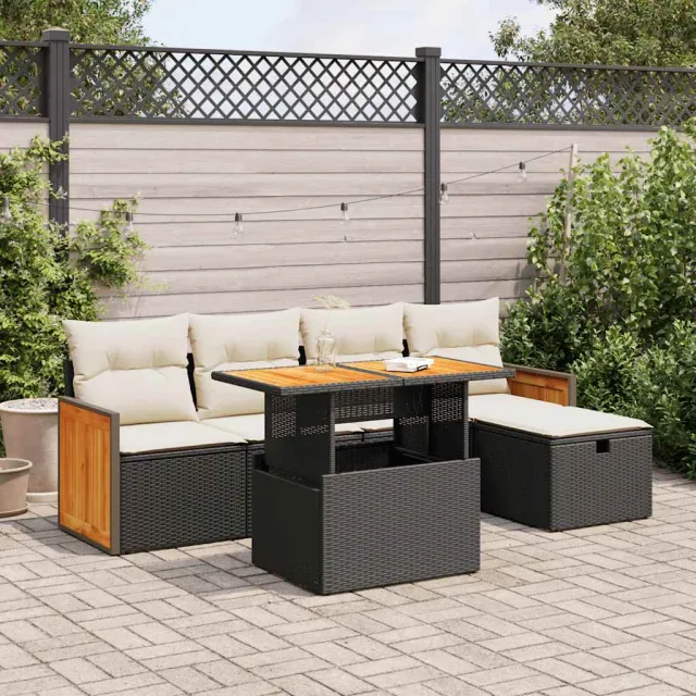 vidaXL 6-delige Loungeset met kussens poly rattan zwart, foto 2