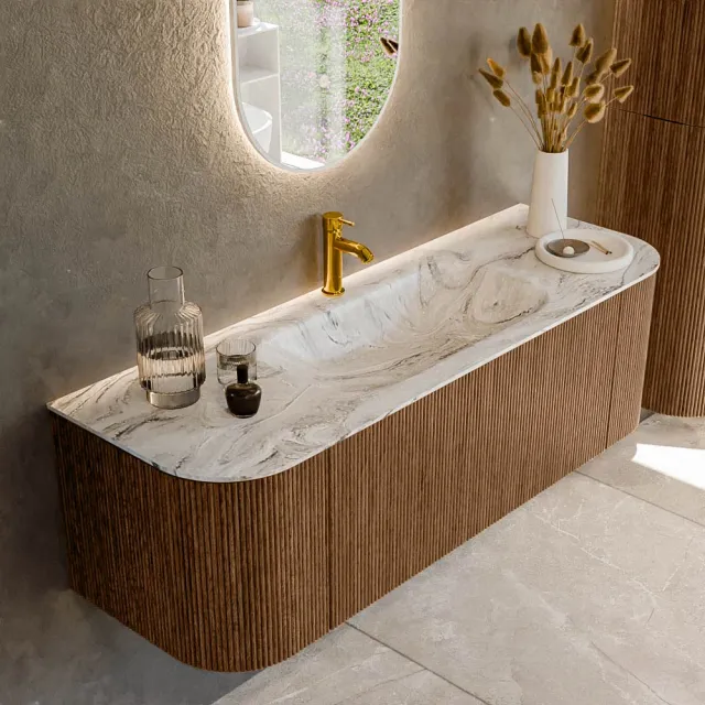 Mondiaz KURVE-DLUX 140 cm Onderkast Greeploos 1 Lade Met Deuren Walnut, Wastafel Solid Surface Midden Glace 1 Kraangat Zonder Spiegel (KRVBGS140L+R1L2D1KM-Wal/Gla)