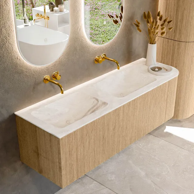 Mondiaz KURVE-DLUX 145 cm Onderkast Greeploos 1 Lade Met Deuren Oak, Wastafel Solid Surface Links Frappe 0 Kraangaten Zonder Spiegel (KRVLEA145R1L1D0KD-Oak/Fra)