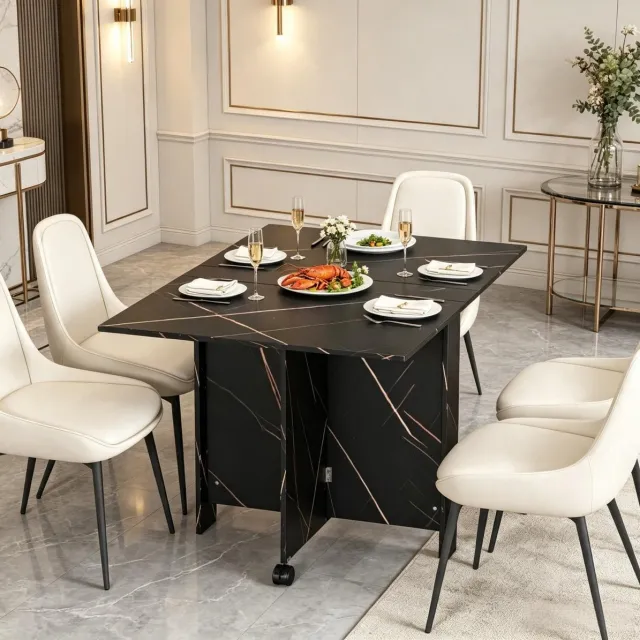 STILVORA Eettafel - Opklapbaar en Uitschuifbaar met Vergrendelbare Wielen - voor Kleine Ruimtes - Spaanplaat - 120 x 80 x 73 cm - Zwart met Marmerlook