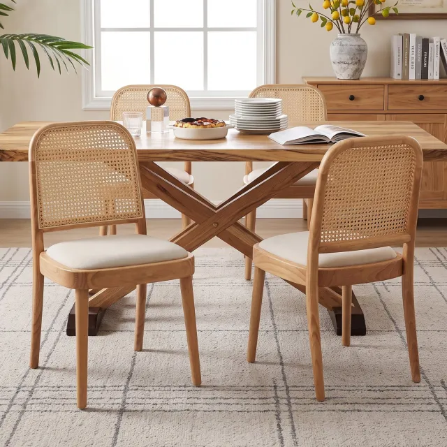 Merax 2 stuks - eetkamerstoelen - rotan rugleuning - voor eetkamer - woonkamer - café - moderne stijl - linnen materiaal - houtkleur