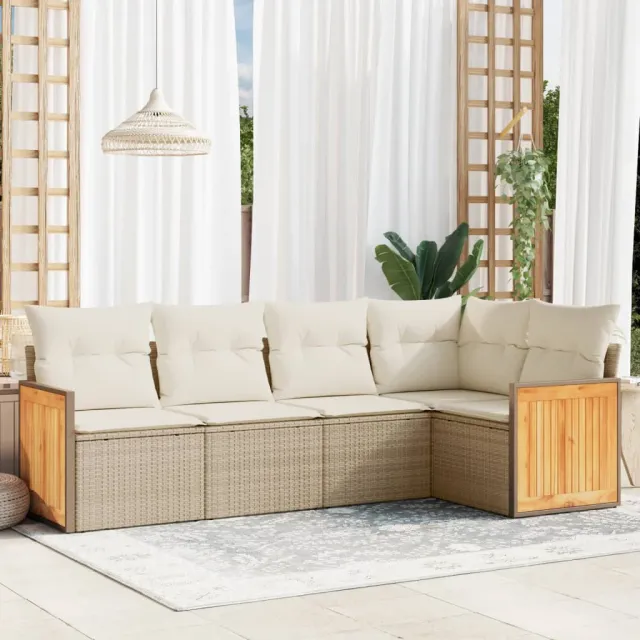 vidaXL 5-delige Loungeset met kussens poly rattan beige