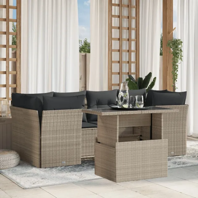 vidaXL 7-delige Loungeset met kussens poly rattan lichtgrijs grijs, foto 2