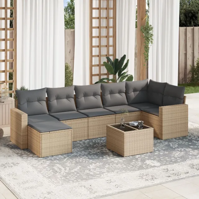 vidaXL 8-delige Loungeset met kussens poly rattan beige, foto 2