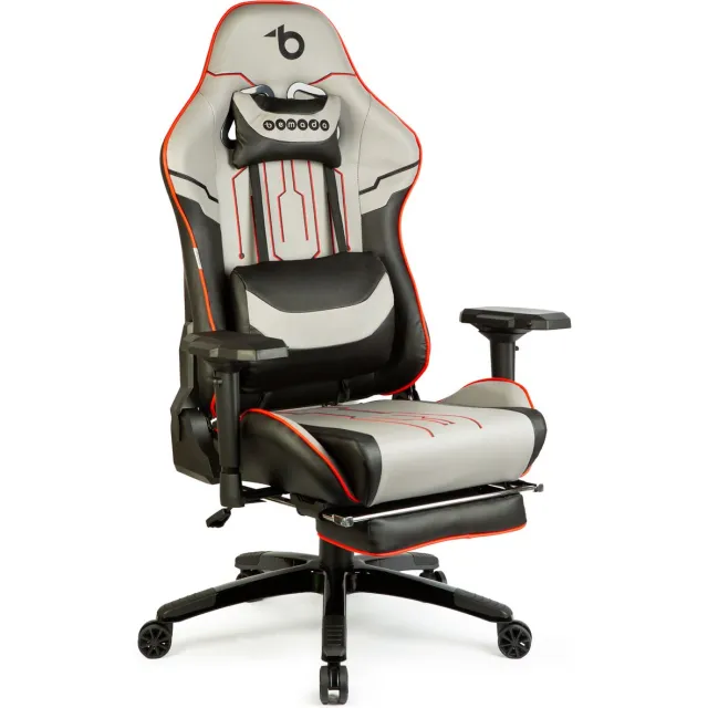 Bemada Gaming Stoel Met Kussens En Voetensteun – Ergonomische Bureaustoel Met 4D Armleuningen En Verstelbare Rugleuning 90–180° – In Hoogte Verstelbaar – Max. 150 Kg – Grijs/Zwart/Rood [BMD1118B] Meerkleurig