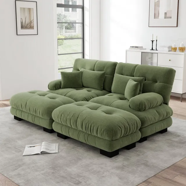 DESMIU Hoekbank 220 Cm - Modulair Met 2 Ottomans En Cloud Zitcomfort - Voor Woonkamer En Kantoor - Chenille Groen
