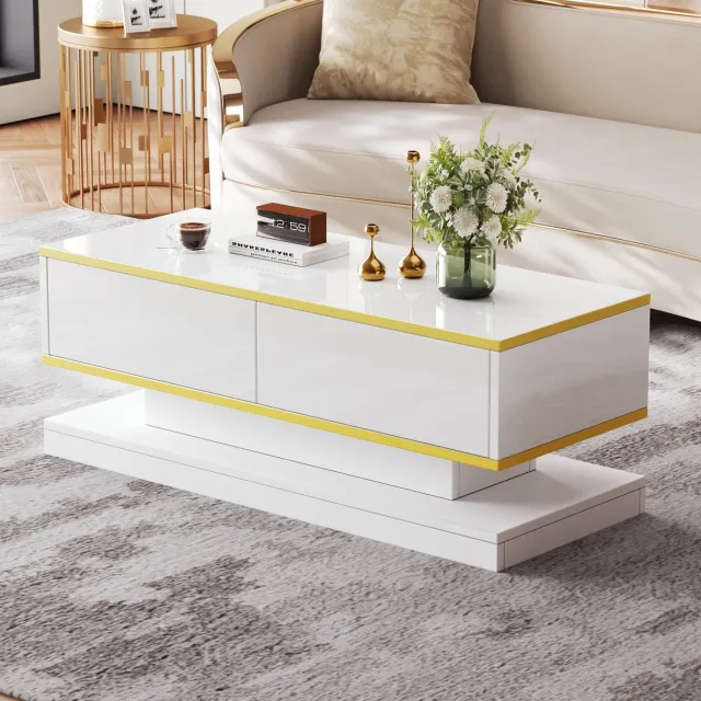 MEUNIQ Salontafel 100 x 50 x 38 cm met 2 druklades, hoogglans warmwit tafelblad met gouden rand, rechthoekige woonkamer koffietafel van spaanplaat