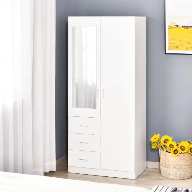 TEKROA Kledingkasten - Moderne 2-deurs kledingkast - met spiegel en 3 lades -verstelbare legplanken en kledingroede - 80x50x180 cm - wit