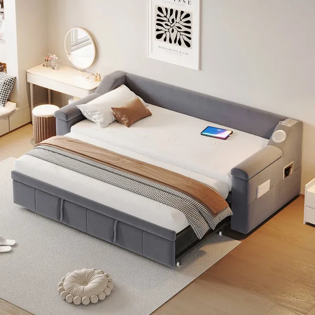 KOMHTOM Gestoffeerde slaapbank, 90/180*190 cm, bredere en dikkere armleuningen, met intelligent Bluetooth-stereosysteem met USB-poort, met opbergvakken, met lattenbodem, fluweelstof, grijs