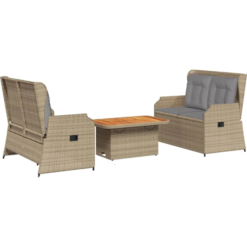 vidaXL 3-delige Loungeset met kussens poly rattan beige, foto 3