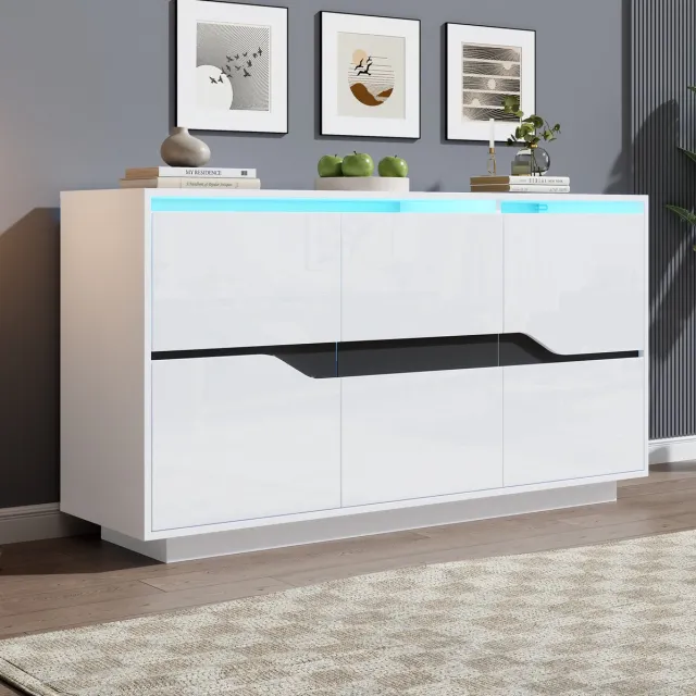 MEUNIQ dressoir 140 x 40 x 70 cm met 3 deuren, verstelbare planken, LED-verlichting en hoogglans front voor woonkamer, wit en zwart