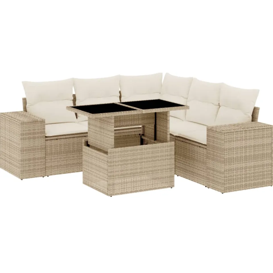vidaXL 6-delige Loungeset met kussens poly rattan beige, foto 3