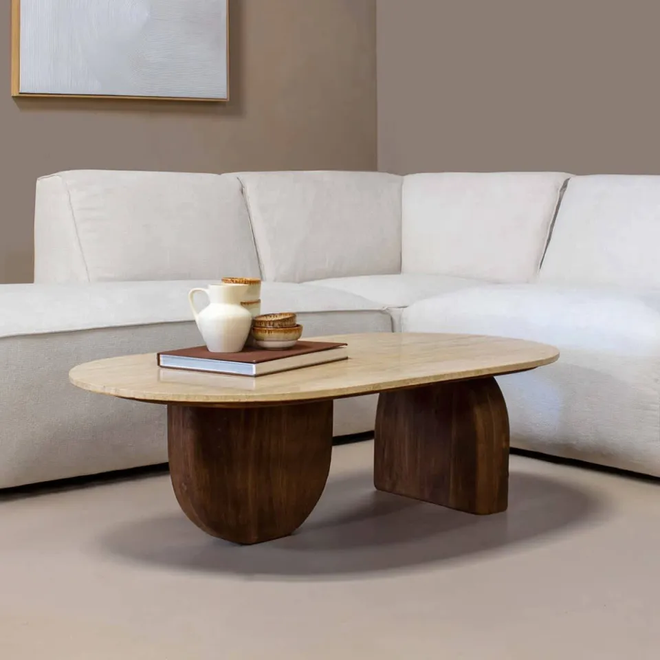 Giga Meubel Salontafel Wessel Ovaal - Travertin/Hout - Bruin - 120x65x38cm, foto 2