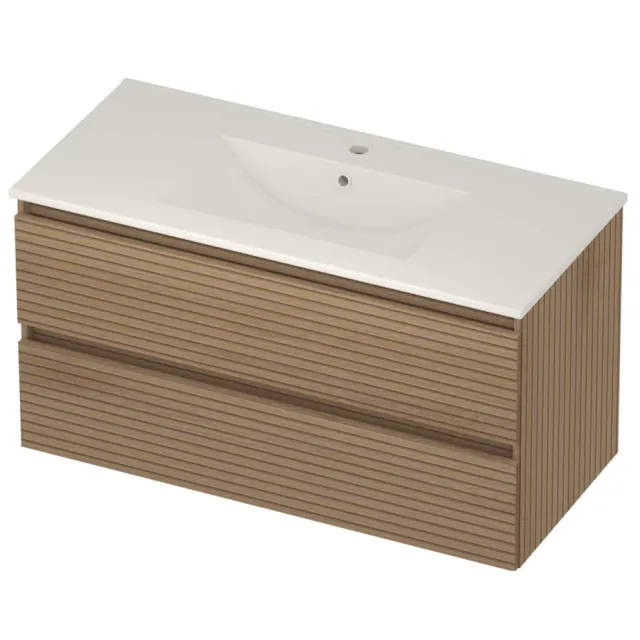 Basic-Line Coach 46 Badmeubelset Porselein 1 Kraangat Greeploos 100x46x54 cm Lamello Oak Glans Wit