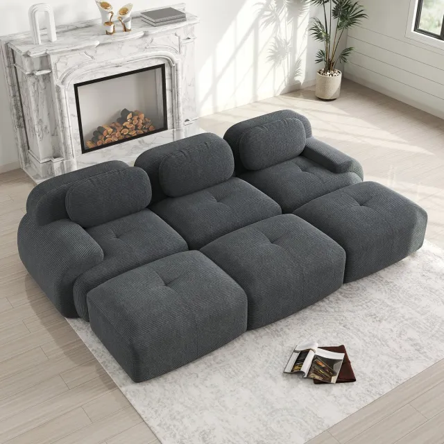 HAUSS SPOLE Hoekbank Modulair - 3 Zits Met 3 Hockers - Ergonomisch Comfort Met Brede Armleuningen - Voor Woonkamer Thuisbioscoop - Ribstof Grijs
