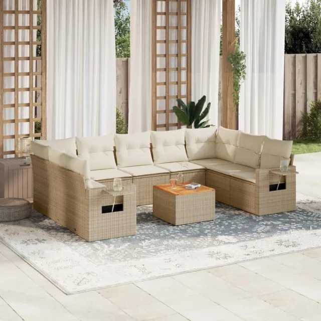 vidaXL 10-delige Loungeset met kussens poly rattan beige, foto 2