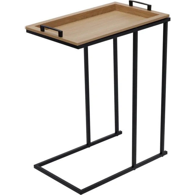 In & Out Deco bijzettafel - banktafel metaal zwart - met houten dienblad - 60x45x28 cm zwart en houtkleur
