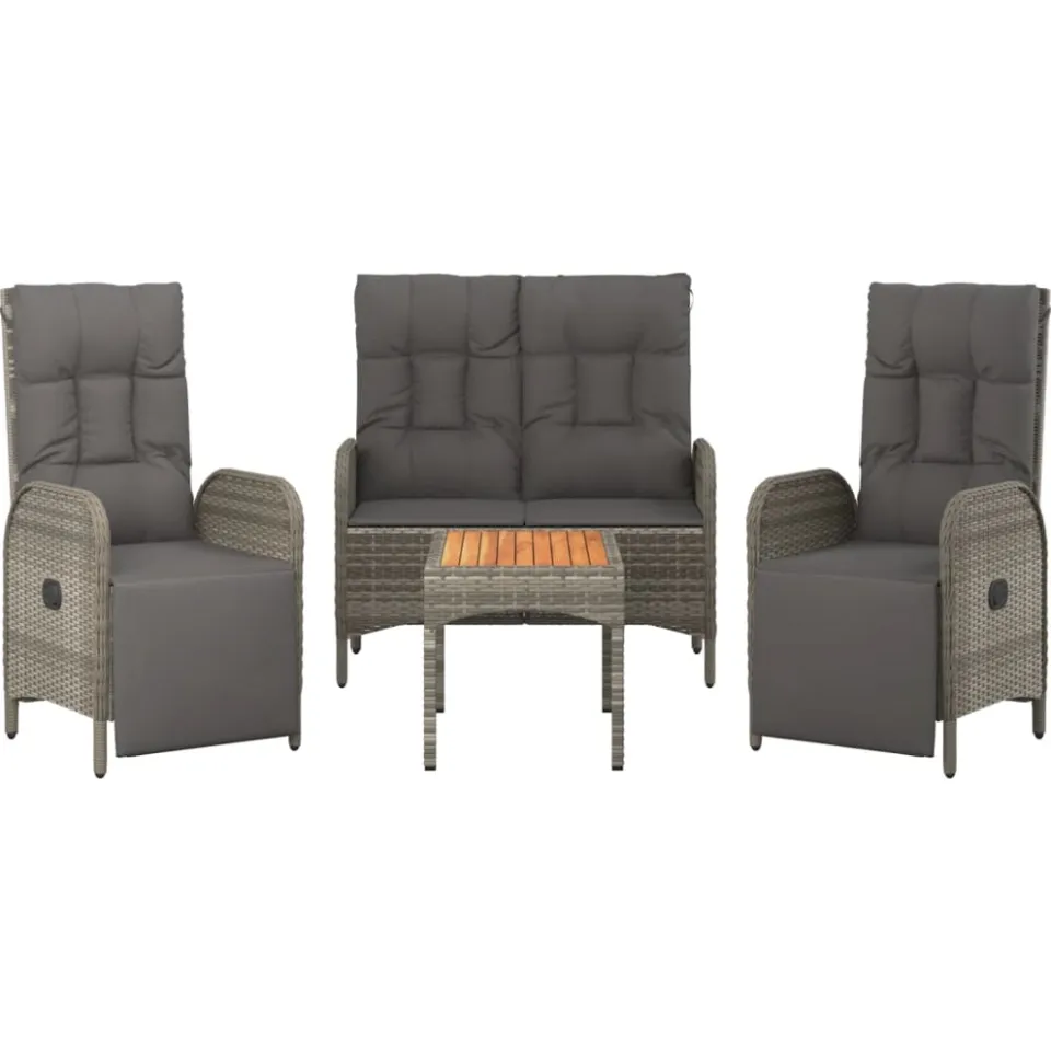 vidaXL 4-delige Tuinset met kussens poly rattan grijs