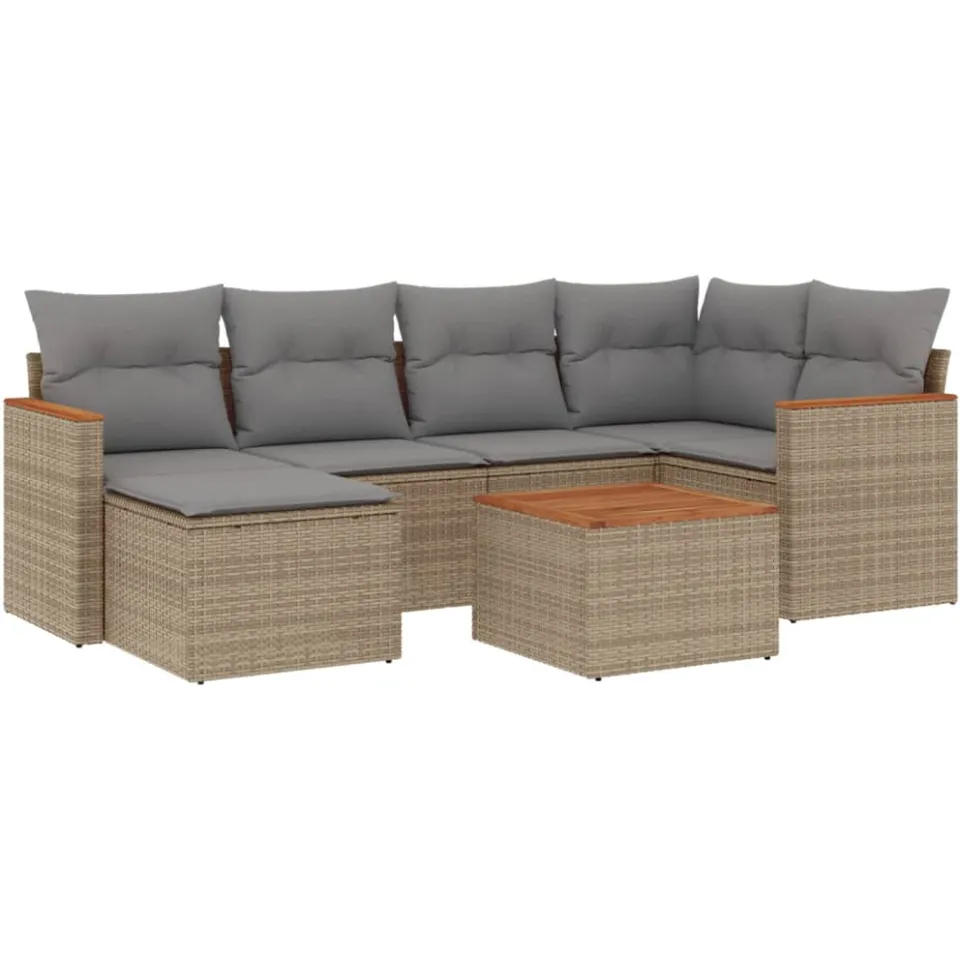 vidaXL 7-delige Loungeset met kussens poly rattan gemengd beige, foto 3