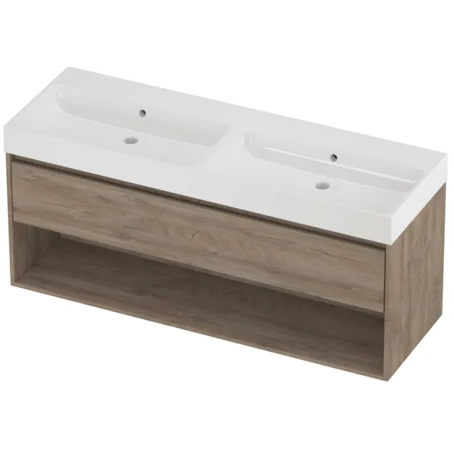 Proline Podium Badmeubelset Polystone Loft 140x46x62 cm Glans Wit Raw Oak Eiken