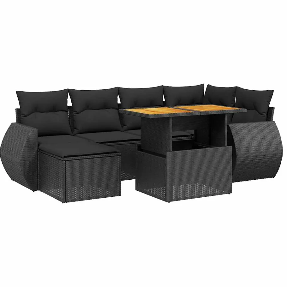 vidaXL 7-delige Loungeset met kussens poly rattan zwart, foto 3