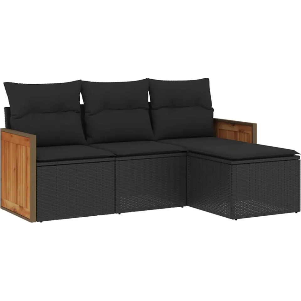 vidaXL 4-delige Loungeset met kussens poly rattan zwart, foto 3