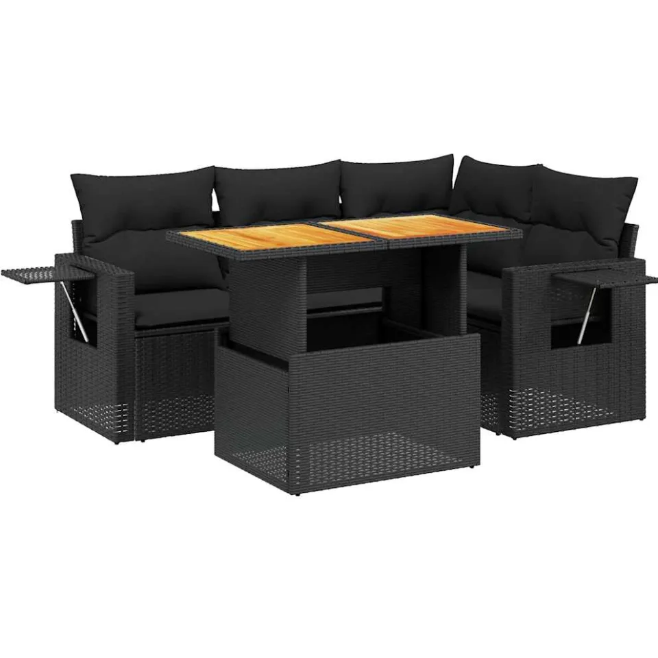 vidaXL 5-delige Loungeset met kussens poly rattan zwart, foto 3