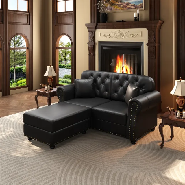 MODENUIT Chesterfield Bank 160 cm - Tweezits Met Hocker En Knopen - Woonkamer - Kunstleer - Zwart