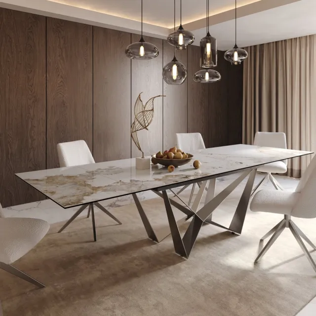 DELIFE Eetkamertafel Edge keramiek Minas Melange wit-beige 200-300x100 spider vlak staal RVS uitschuifbaar Weiß-Beige