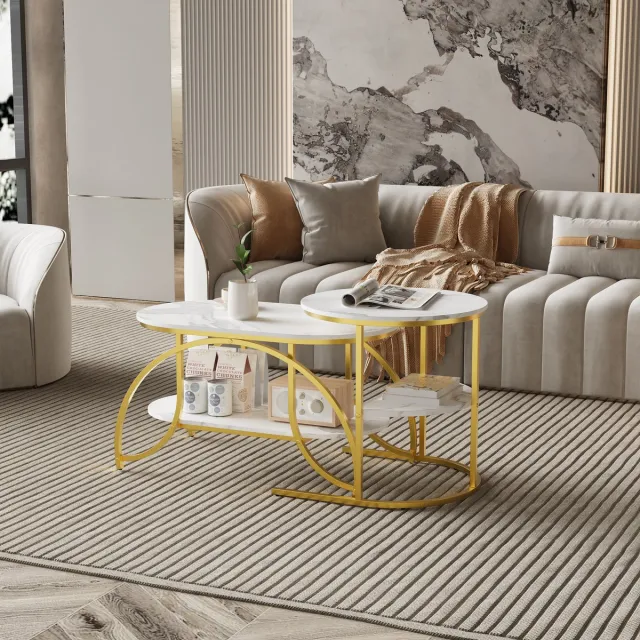 Solvenrik Nesttafels Set van 2 – Ovale en Ronde Salontafel & Bijzettafel – Design Metalen Frame – Marmerlook Tafelblad – Met Opbergruimte Goud