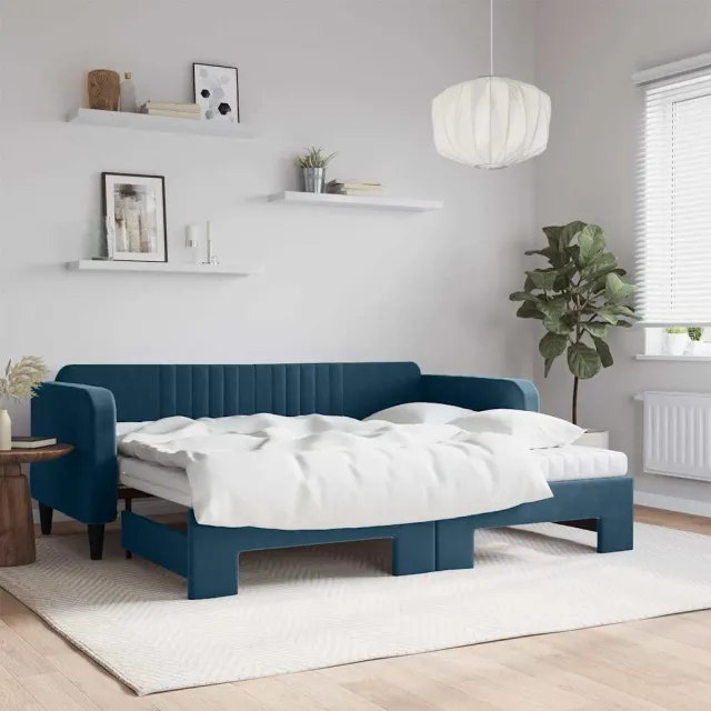 vidaXL Slaapbank onderschuifbed en matrassen 90x200 cm fluweel blauw