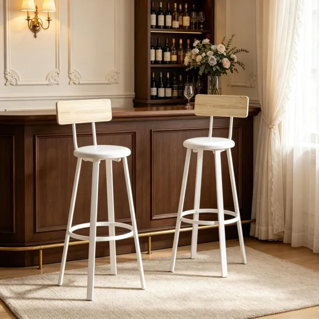 CHICFURN Barkruk set van 2 - Zithoogte 75,5 cm - Met rugleuning en voetensteun - Wit en eikenlook