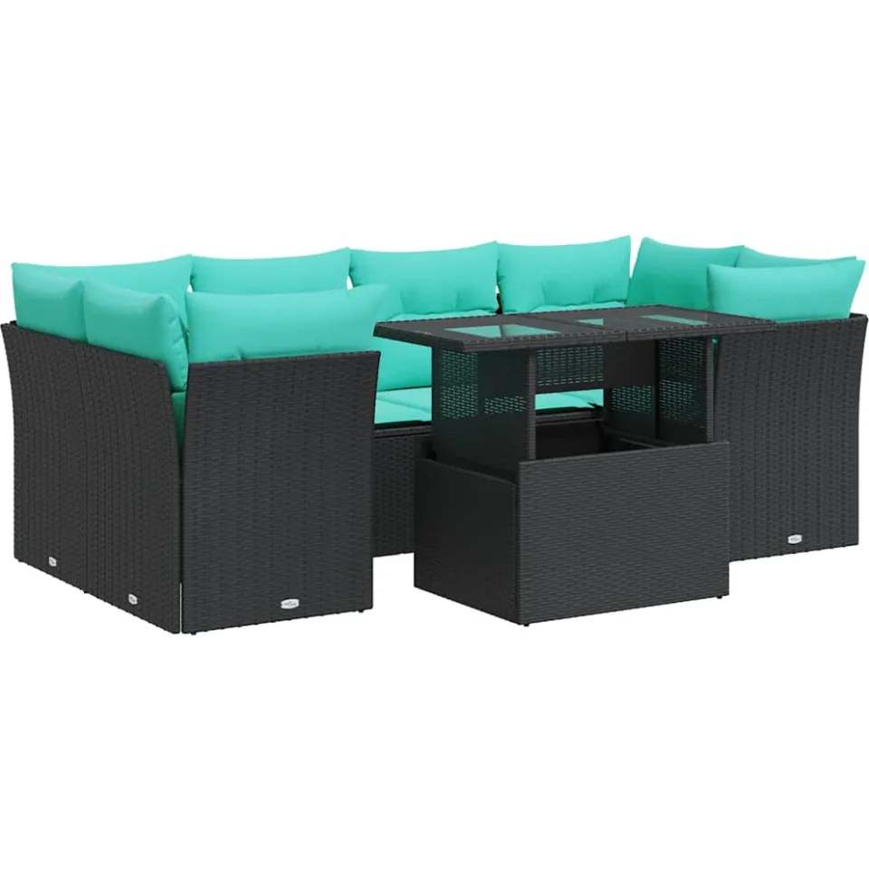 vidaXL 7-delige Loungeset met kussens poly rattan acacia zwart, foto 3