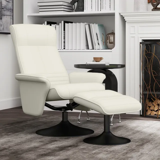 OKWISH Relaxfauteuil 71 bij 69 bij 104 cm - Draaibaar en Verstelbaar met Hocker - Voor Woonkamer en Slaapkamer - Polyester - Crèmewit