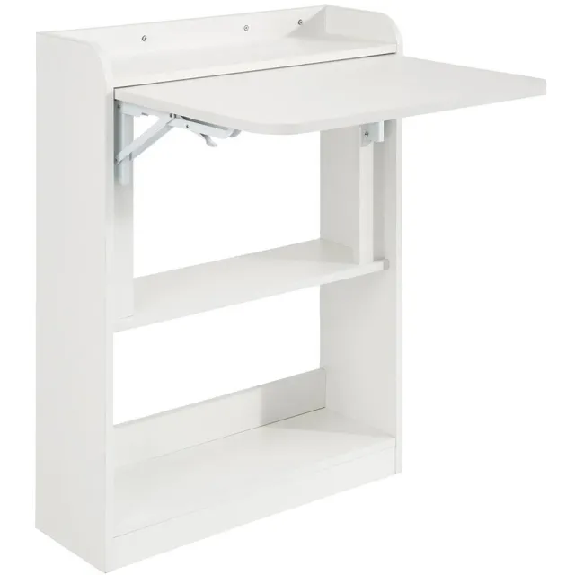 MokoHub Opvouwbare Computertafel - Wandtafel met Planken - Opklapbaar - Werktafel voor Thuiskantoor - 64x82x58 cm - Wit