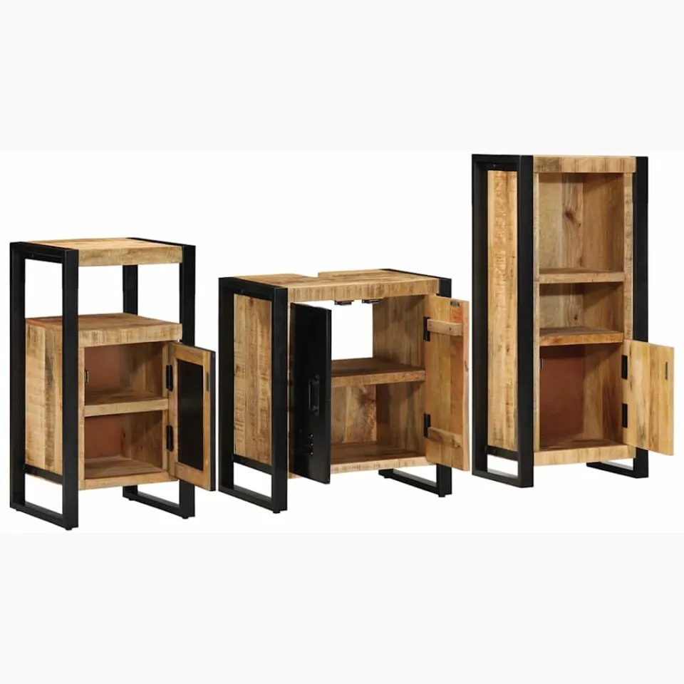 vidaXL Badkamermeubelset 3 st Bruin en zwart Massief Mango Hout, foto 2