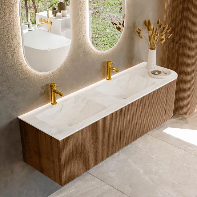 Mondiaz KURVE-DLUX 155 cm Onderkast Greeploos 2 Lades Met Deuren Walnut, Wastafel Solid Surface Links Ostra 2 Kraangaten Zonder Spiegel (KRVLEA155R2L1D2KD-Wal/Ost)